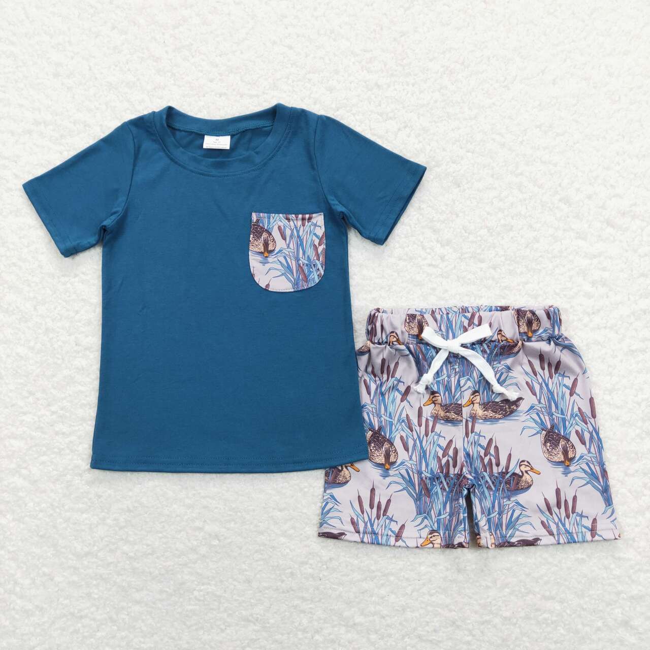BSSO0452 Hunting Blue Pocket Short Sleeve Mallard Shorts Boys Set