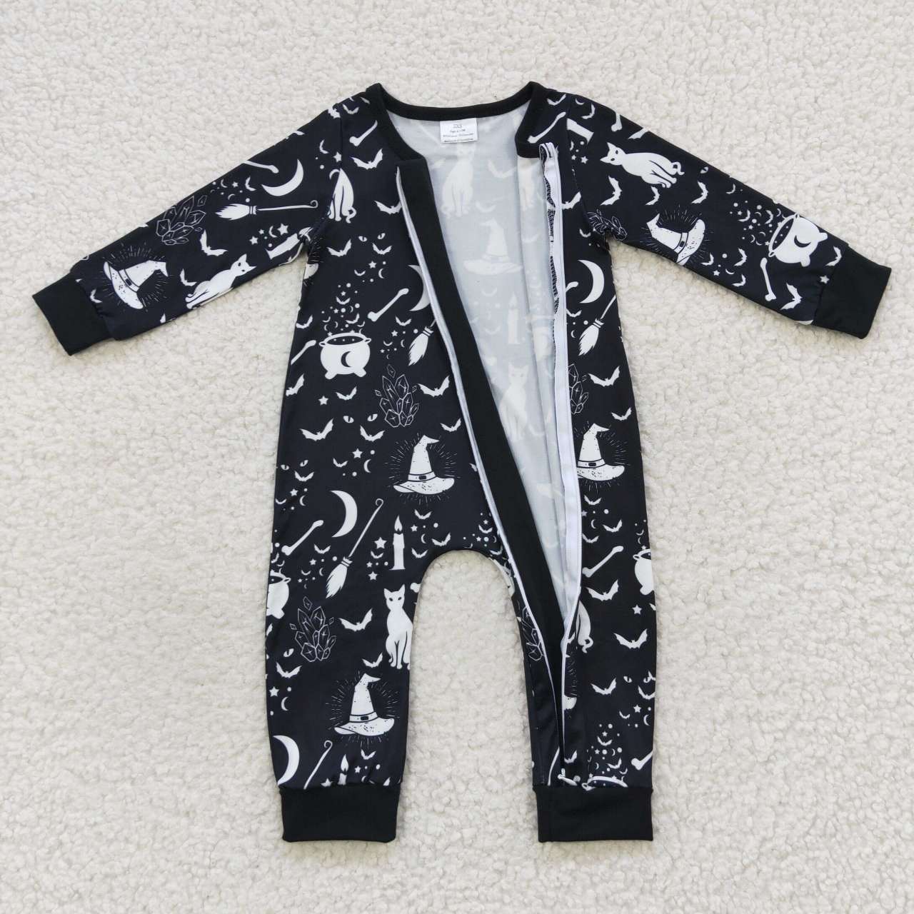 LR0473 Halloween Cat Hat Black Long Sleeve Kids Romper