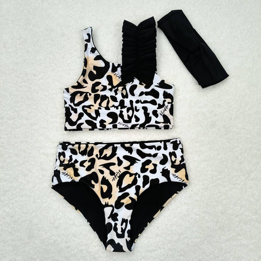 S0223 Brown leopard sleeveless girls swimsuits with bow