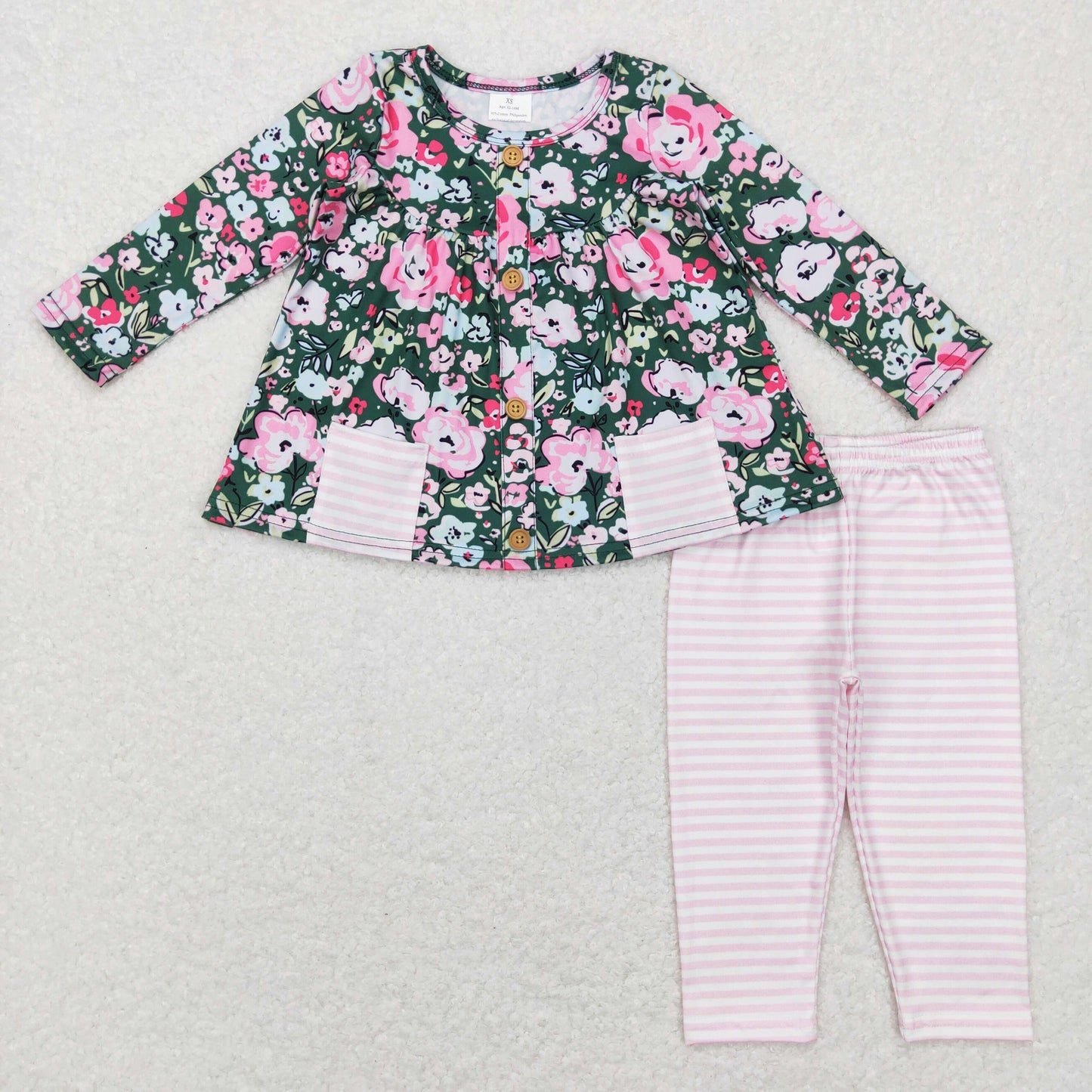GLP0994 Pink flowers pocket long sleeve pink striped pants girls set