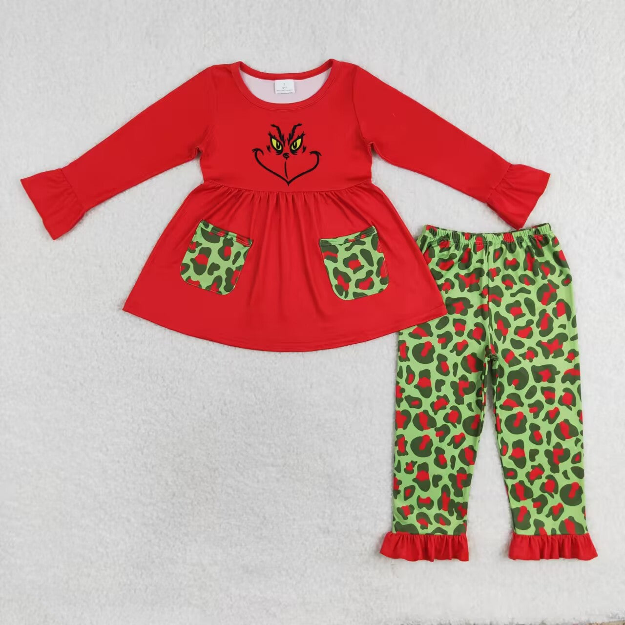 GLP1322 Christmas red green face long sleeve green leopard pants girls set