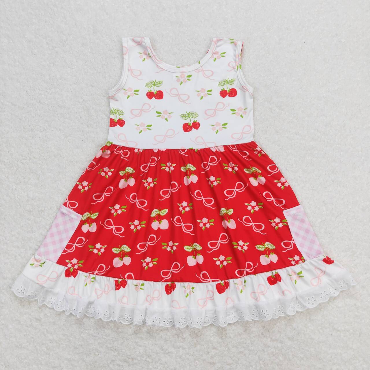 GSD0889 Strawberry flowers red pockets sleeveless girls dress