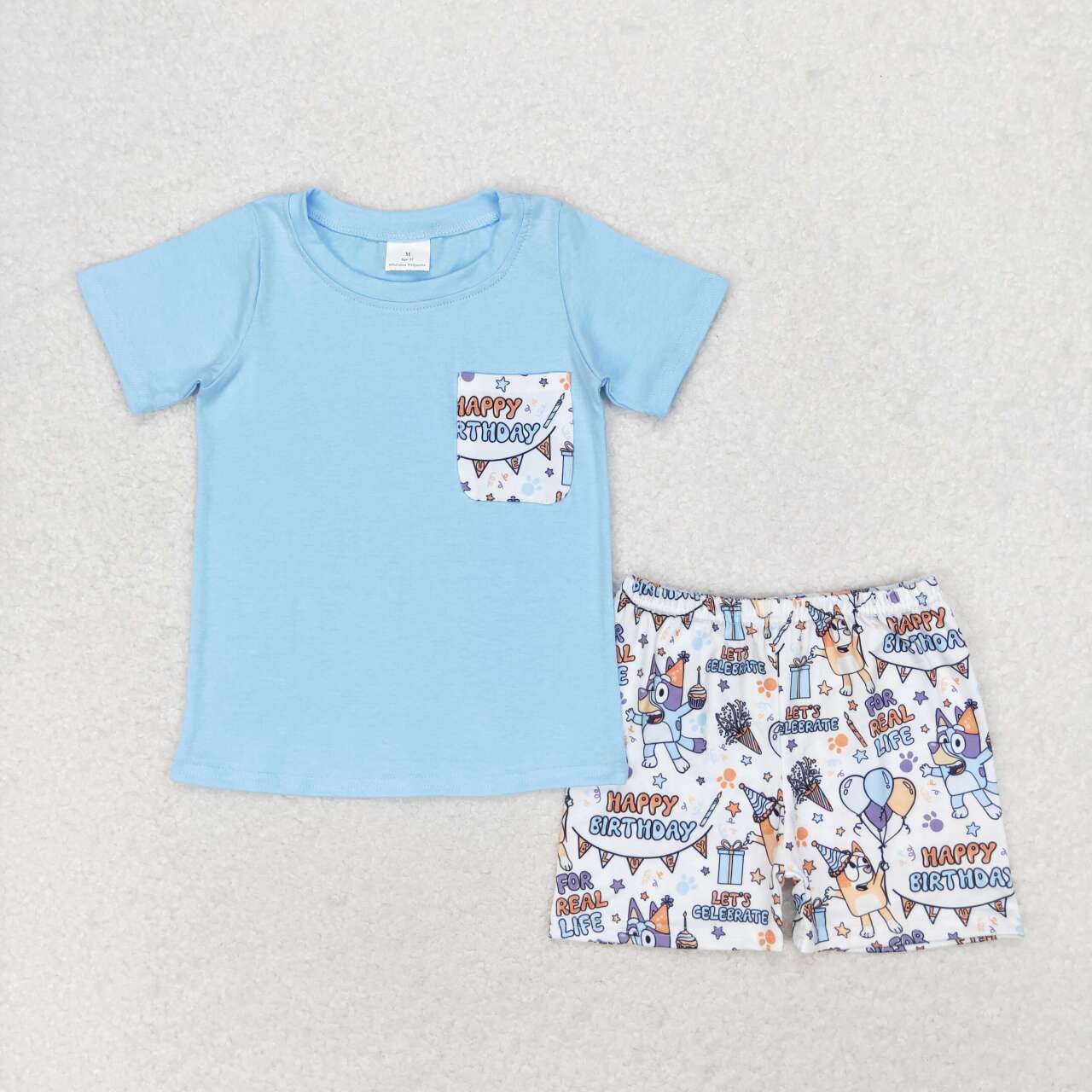 BSSO0907 happy birthday blue dog pocket short sleeve shorts boys cartoon set