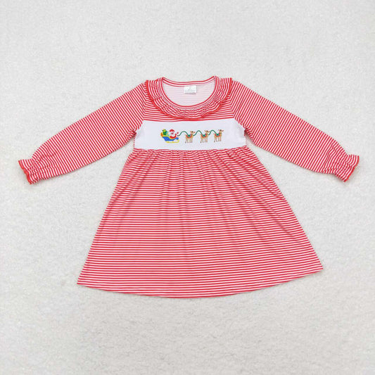 GLD0632 embroidery Christmas Santa deer red striped long sleeve girls dress