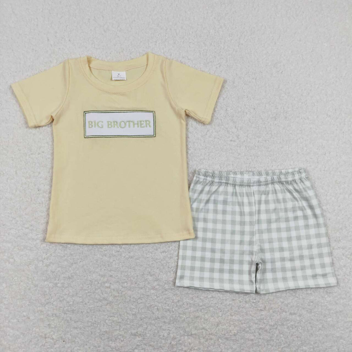 BSSO0403 Embroidery Big brother yellow short sleeve green checkered shorts boys set