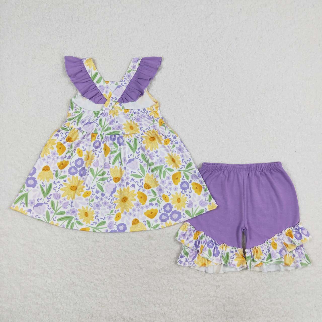 GSSO1177 yellow flowers purple floral flutter sleeve purple shorts girls set