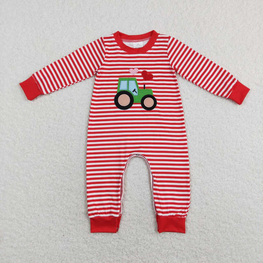 LR0846 Embroidery Valentine's Day heart tractor red striped long sleeve boys romper