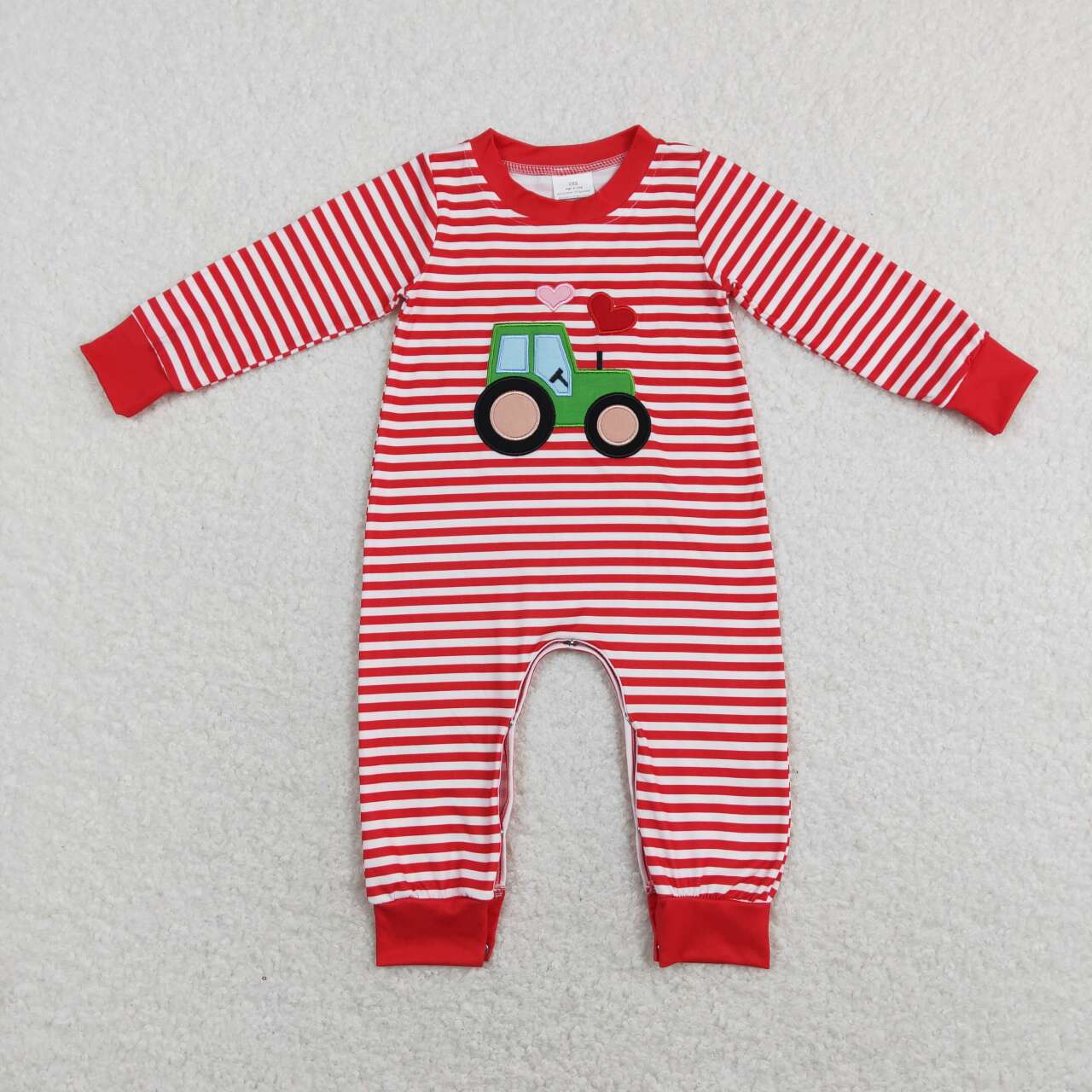 LR0846 Embroidery Valentine's Day heart tractor red striped long sleeve boys romper