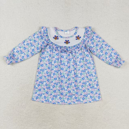 GLD0600 embroidery Thanksgiving turkey flowers blue purple long sleeve girls dress