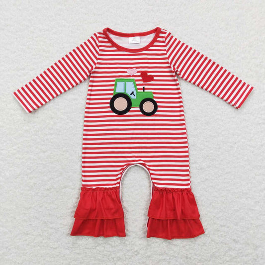 LR0847 Embroidery Valentine's Day heart tractor red striped long sleeve girls romper