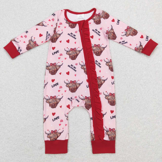 LR0804 Valentine's Day highland cow pink long sleeve girls romper