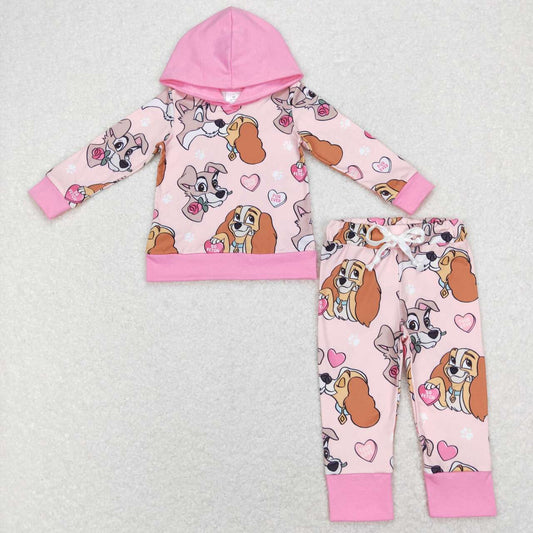 GLP1133 Girl Cartoon Dog Heart Pink Long Sleeve Hoodie Pants Girls Set Kids Valentine's Day Clothes