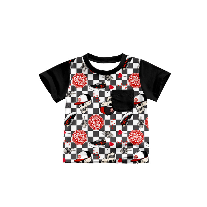 custom mamas boy skull black checkered short sleeve boys top