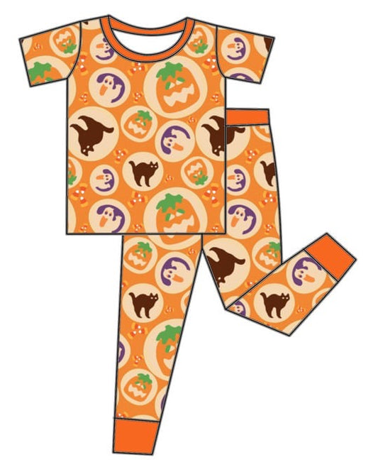 custom bamboo Halloween pumpkin spooky orange short sleeve pants boys pajamas