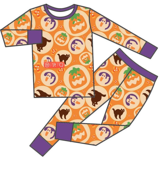 custom bamboo Halloween pumpkin spooky orange long sleeve pants girls pajamas