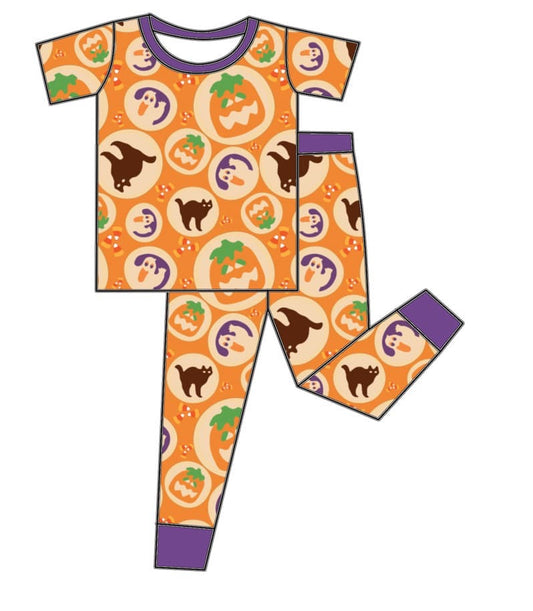 custom bamboo Halloween pumpkin spooky orange short sleeve pants girls pajamas