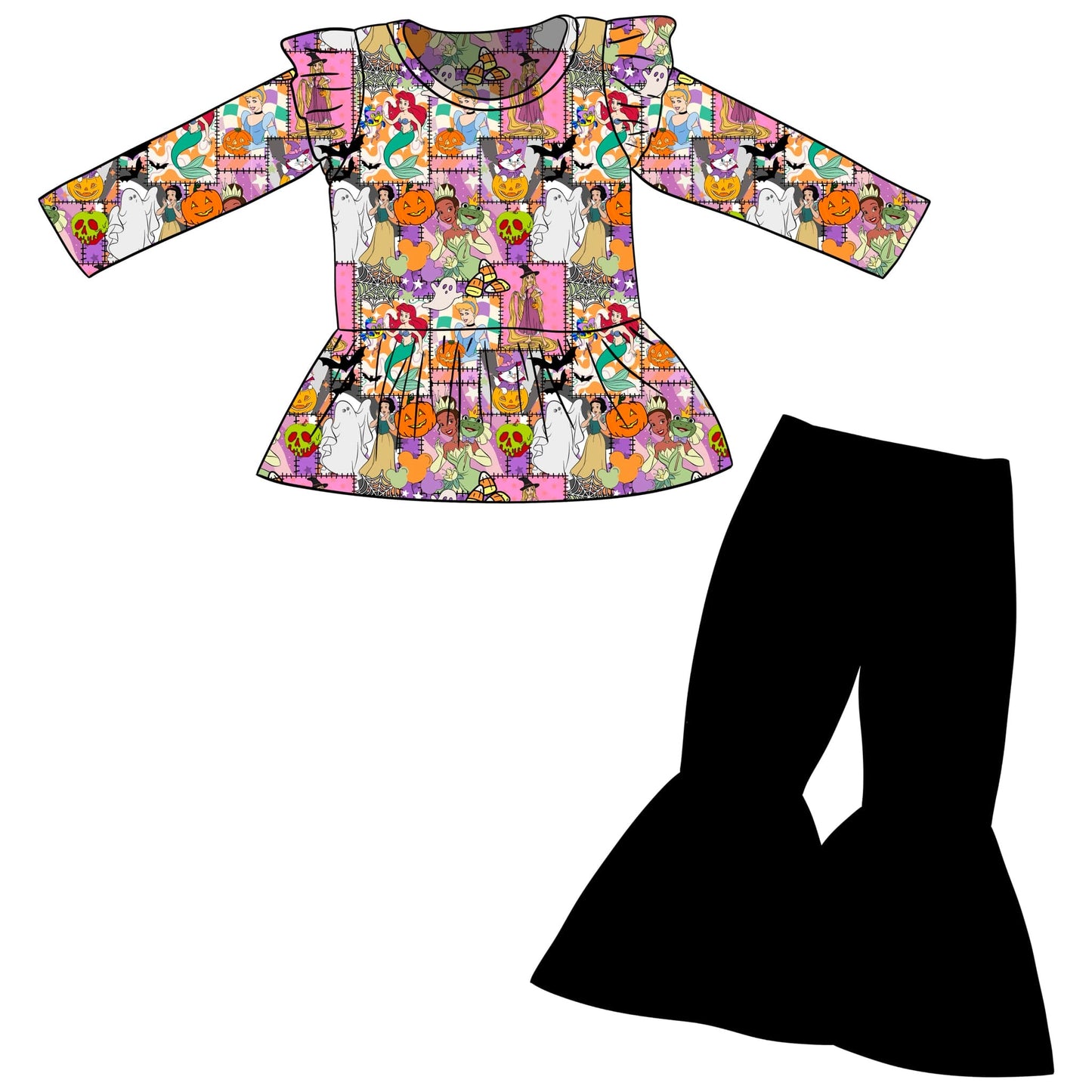 custom Halloween cartoon princess long sleeve blavk pants girls set