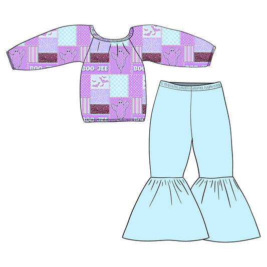 custom Halloween purple boo spooky long sleeve blue pants girls set