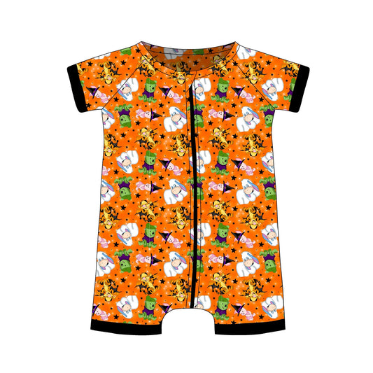 custom Halloween cartoon bear orange short sleeve zipper boys romper