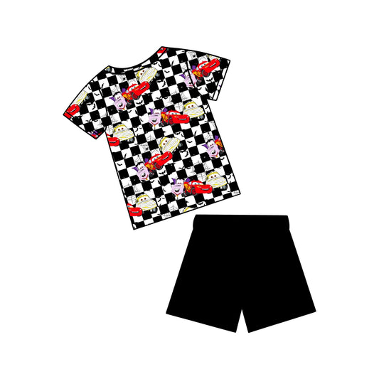 custom Halloween car black checkered short sleeve blavk shorts boys set