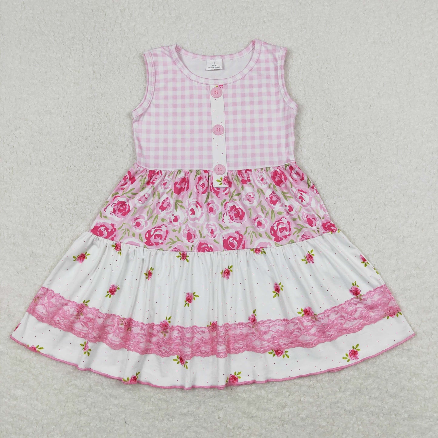 GSD0860 Hot pink flowers pink checkered sleeveless girls dress