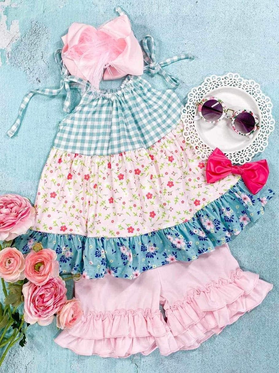 preorder pink flowers checkered lace-up top pink shorts girls set