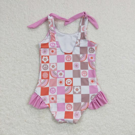 S0150 Smile flowers pink checkered girls swimsuit