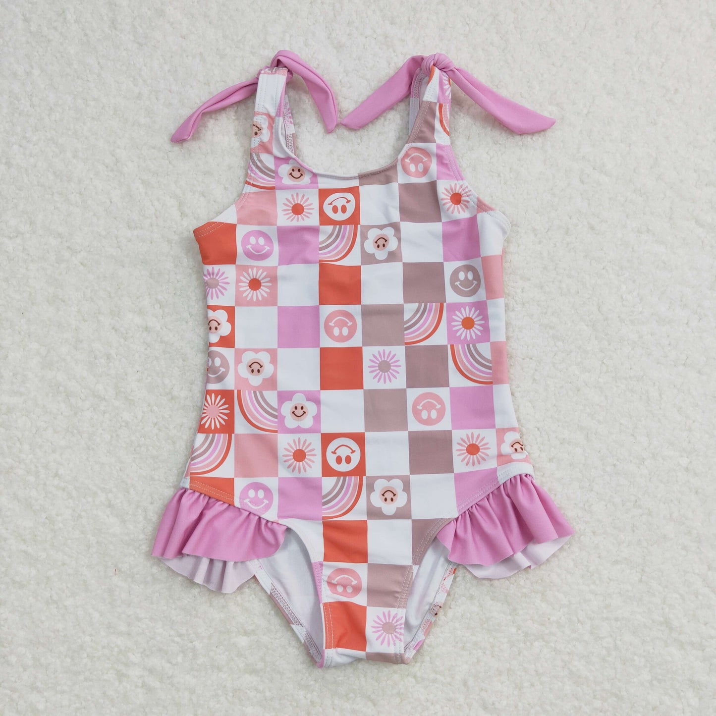 S0150 Smile flowers pink checkered girls swimsuit