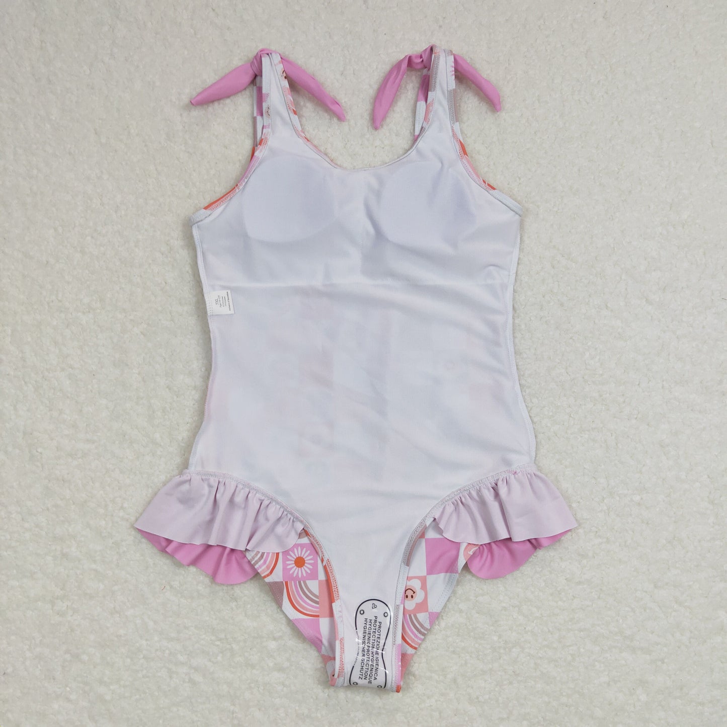 S0150 Smile flowers pink checkered girls swimsuit