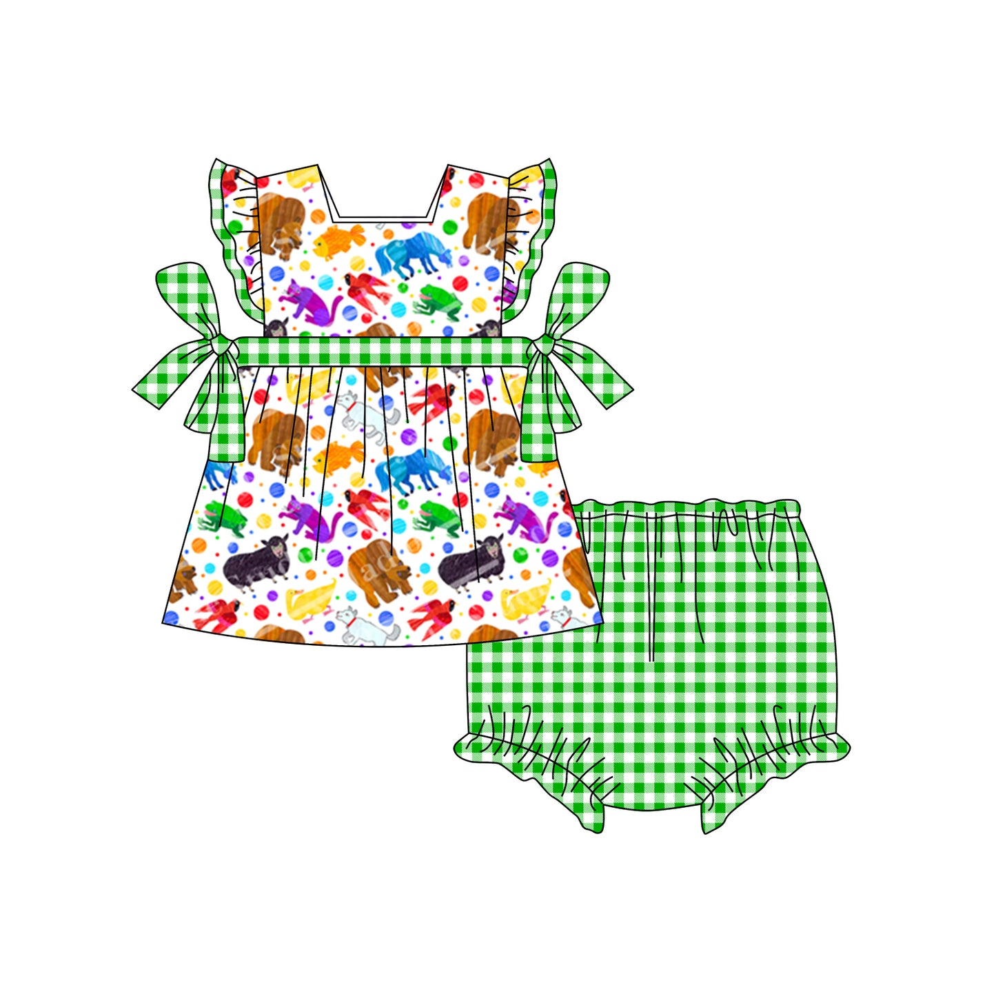 preorder colorful animals green checkered flutter sleeve girls bummies set