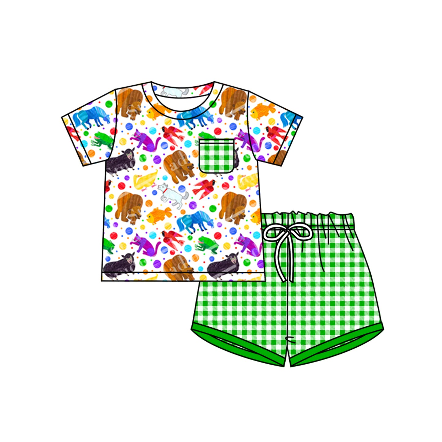 preorder colorful animals pocket short sleeve green checkered shorts boys set