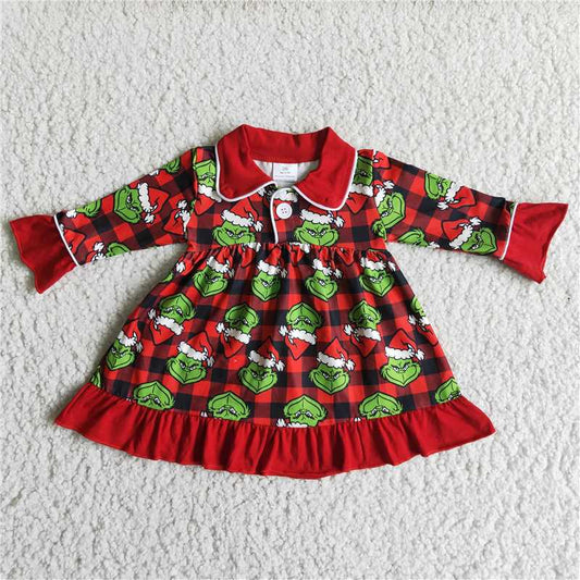 6 A1-28 Christmas green face red long sleeve girls dress