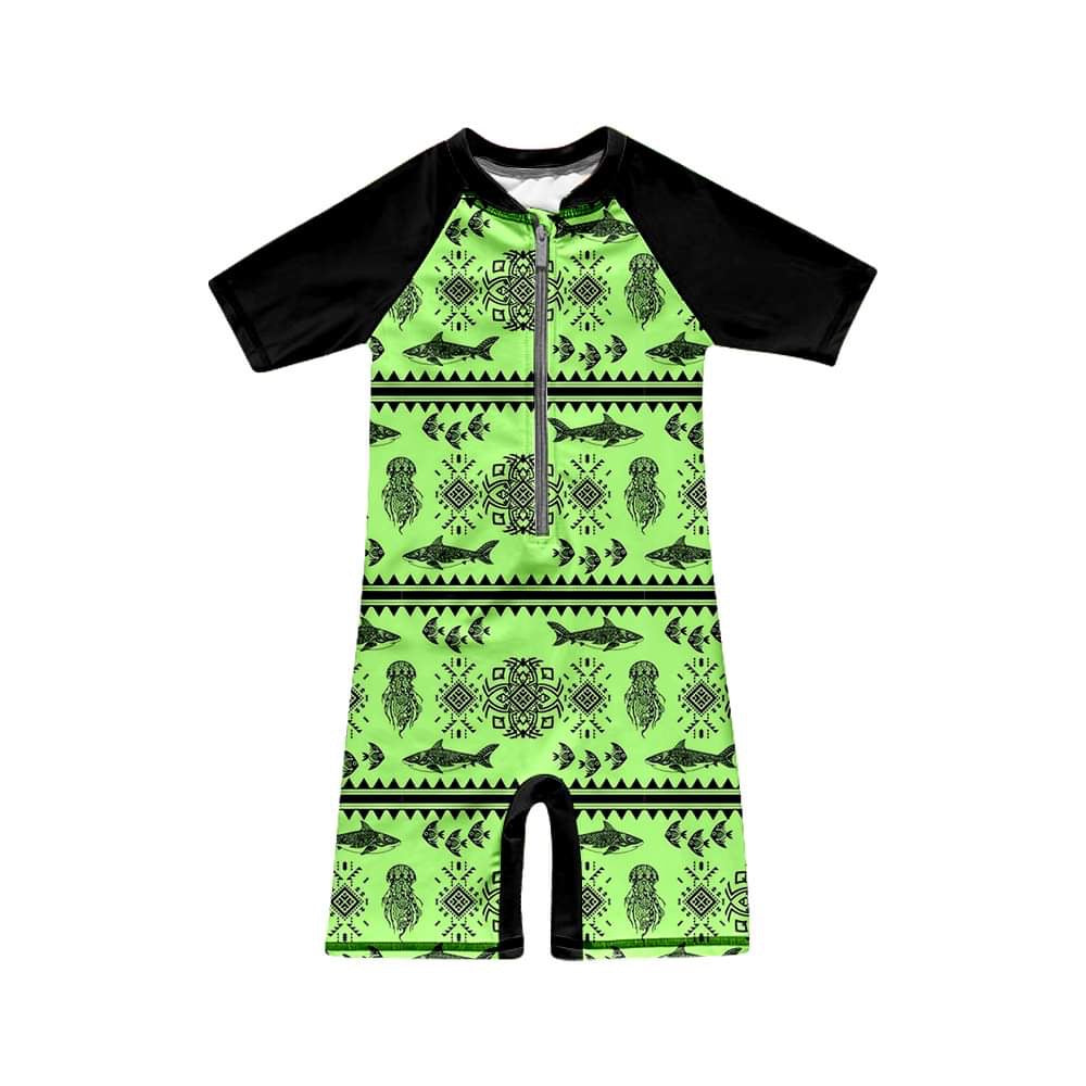 custom cartoon shark green short sleeve boys swimsuits