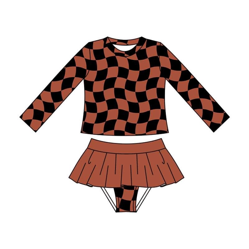 custom black checkered brown long sleeve 2pcs girls swimsuits