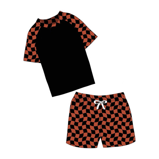 custom black checkered brown short sleeve 2pcs boys swimsuits