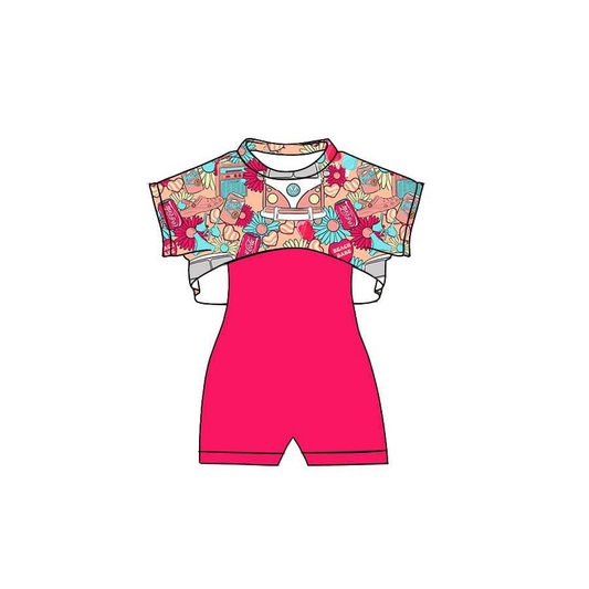 custom bus flowers colorful short sleeve hot pink jumpsuit girls set