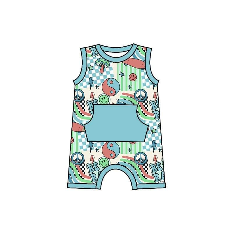 custom smile colorful print blue pocket sleeveless boys romper