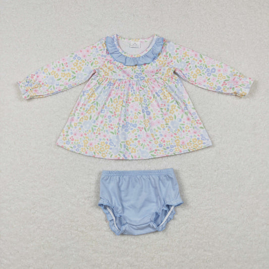 GBO0193 Colorful flowers long sleeve blue bummies girls set