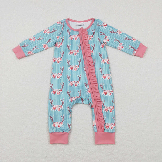 LR0712 Deer flowers long sleeve girls romper