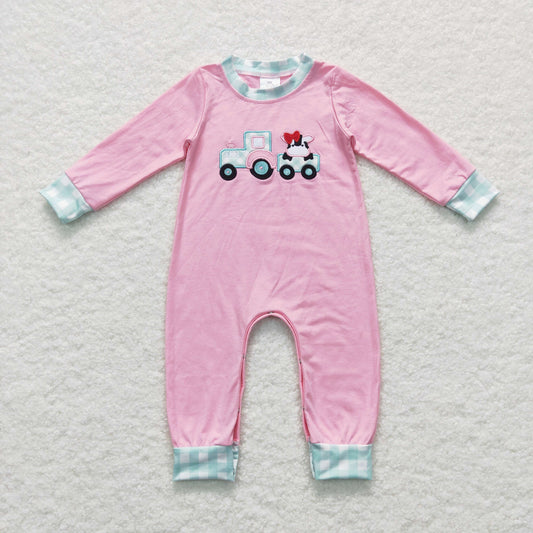 LR0376 Farm Tractor Cow Pink Long Sleeves Kids Romper