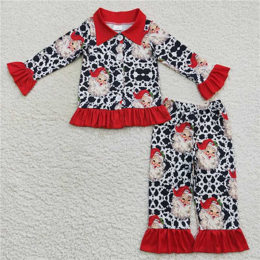 GLP0458 Christmas Santa Claus Cow Print Red Long Sleeves Girls Set