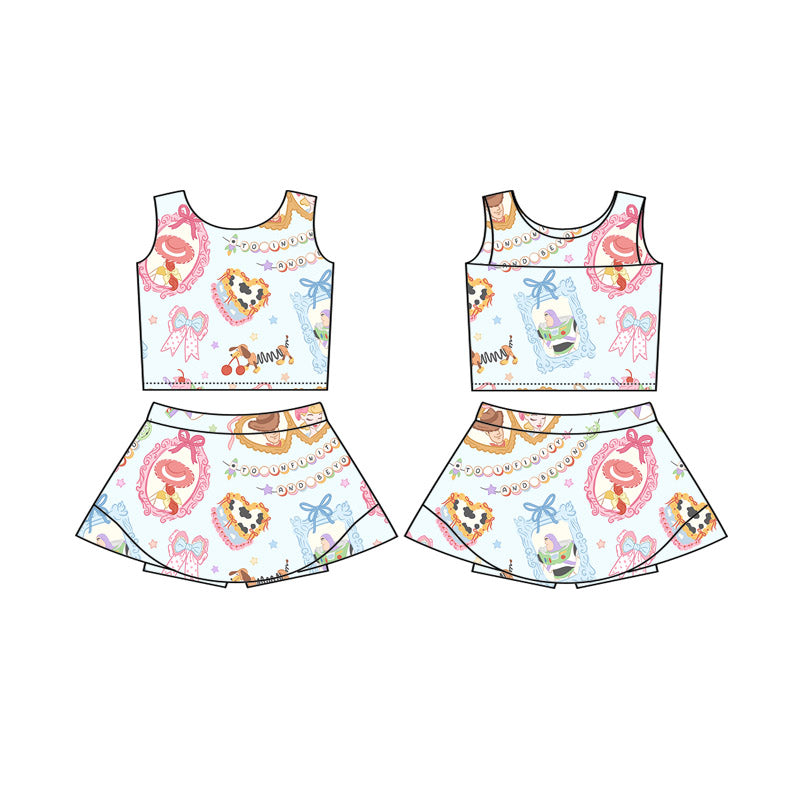 custom moq 3 cartoon toy cake sleeveless skirt skorts girls set