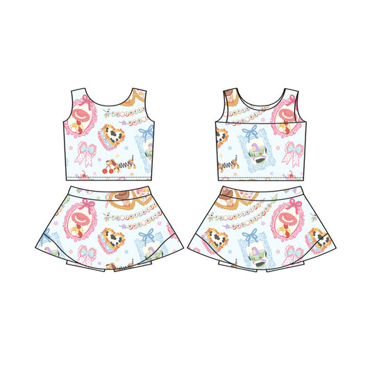 custom moq 3 cartoon toy cake sleeveless skirt skorts girls set