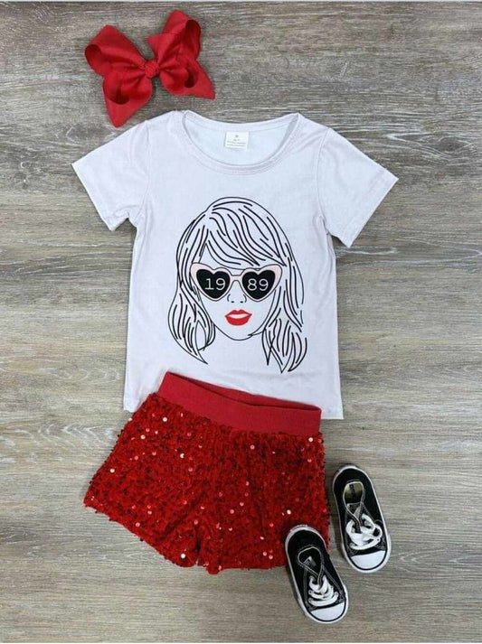 GSSO0861 1989 country singer short sleeve red sequin shorts gilrs set