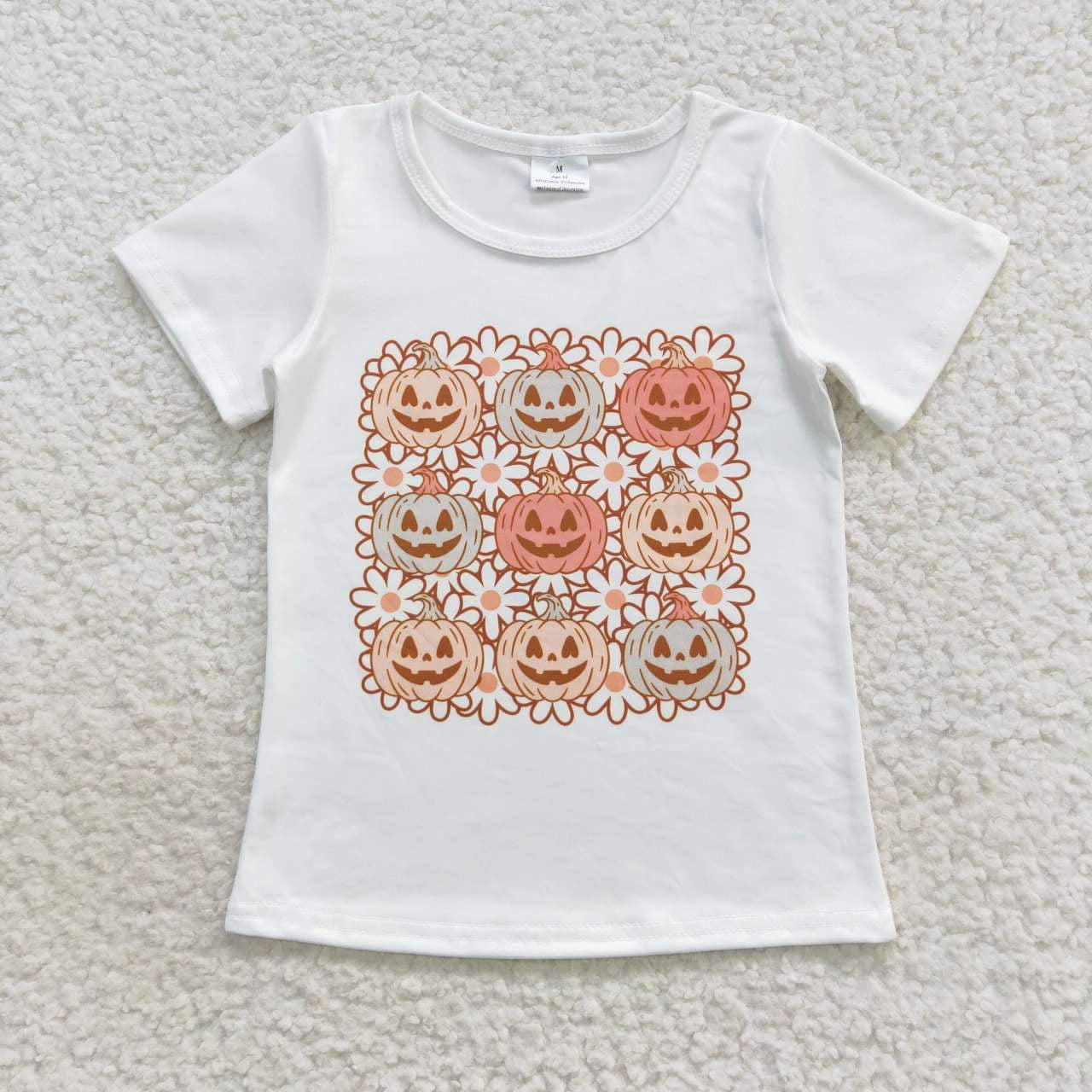 GT0290 Halloween pumpkin smile flowers white short sleeve kids t-shirt