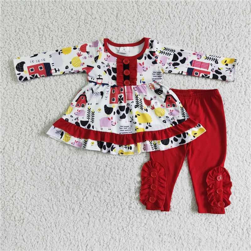 6 A8-17 Farm house animals red long sleeve pants girls set