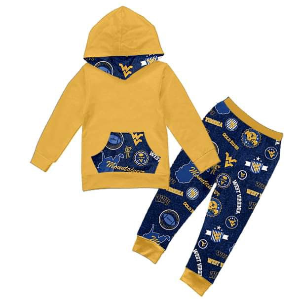 custom Yellow long sleeve hoodie blue pants boys set