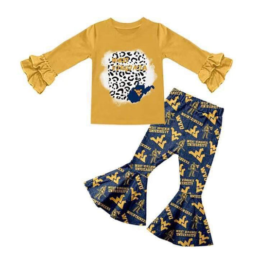 custom Yellow letter leopard black long sleeve girls set