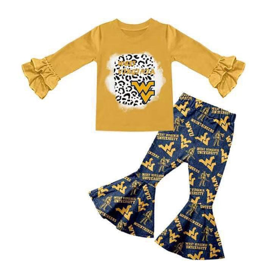 custom Yellow letter leopard black long sleeve girls set