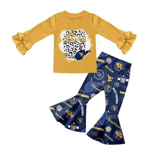 custom Yellow letter leopard blue long sleeve girls set